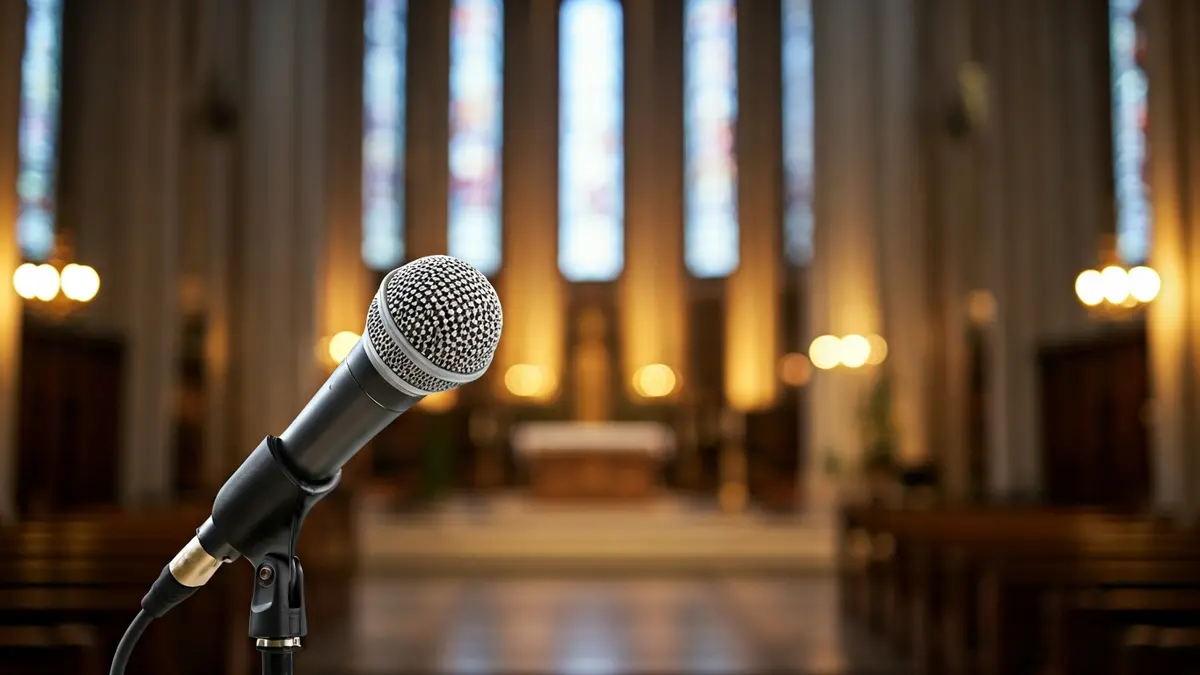 Imagen genérica de un micrófono en un podio, con el interior de una iglesia borroso al fondo.