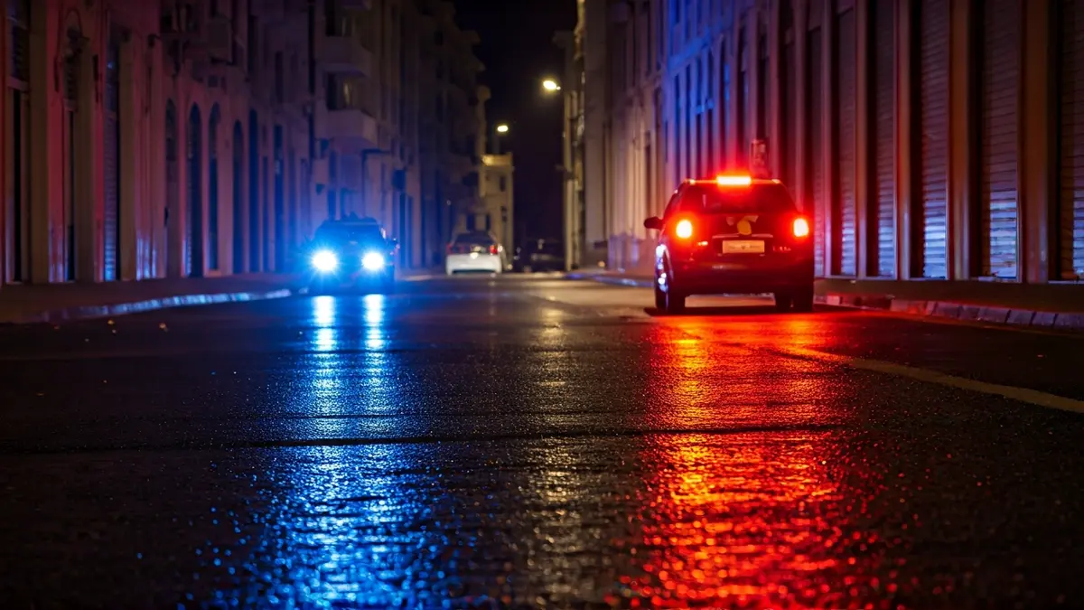 Generic image of police emergency lights reflecting on wet asphalt at night.