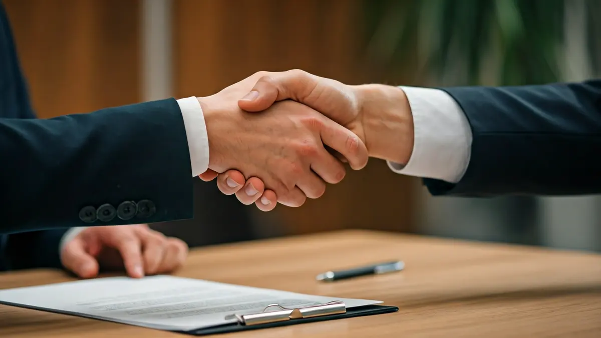 Generic image of two hands shaking over a blurred desk with paperwork, symbolizing a business agreement or collaboration.