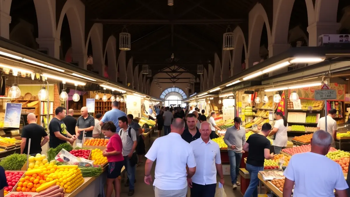 Generic image of an indoor market with stalls and people.