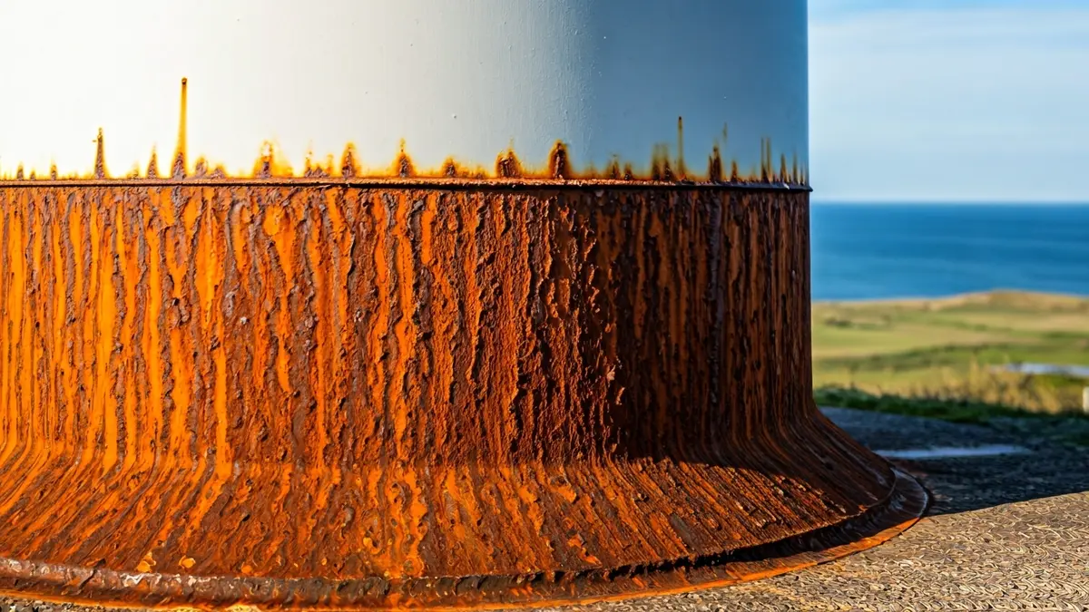 Imagen de la base de un aerogenerador corroído por el salitre en un entorno costero de La Palma.