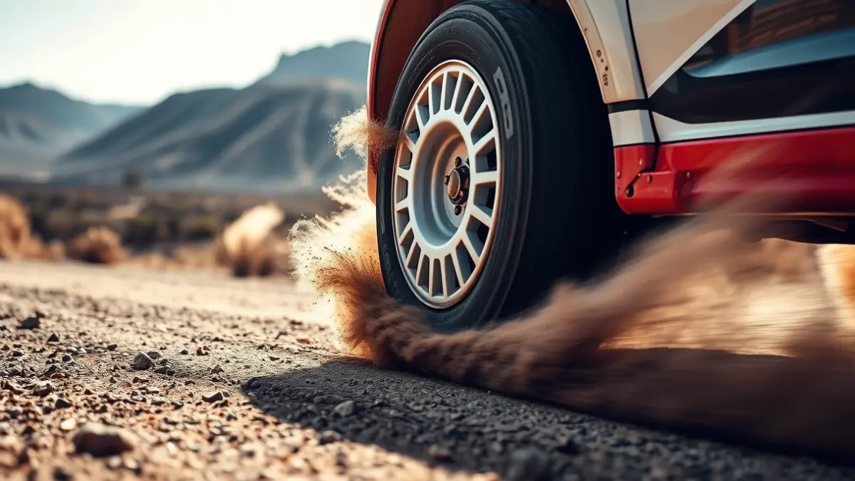 Imagen de un coche de rally en acción en un terreno polvoriento.