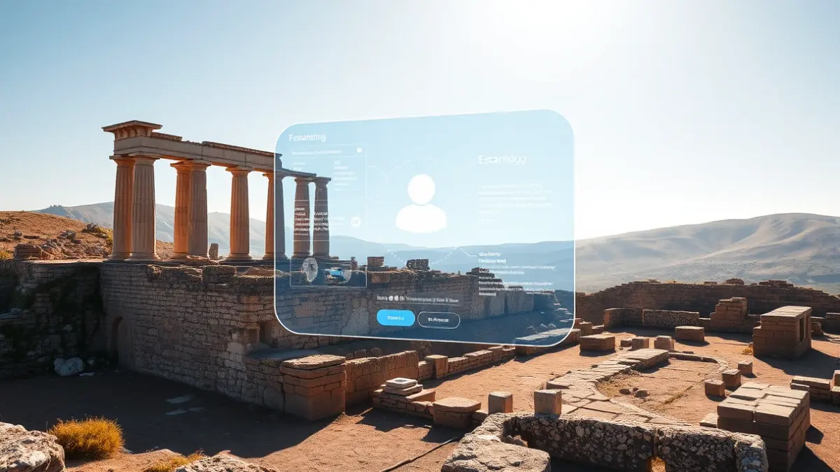 Imagen de un asistente virtual interactuando con un yacimiento arqueológico.