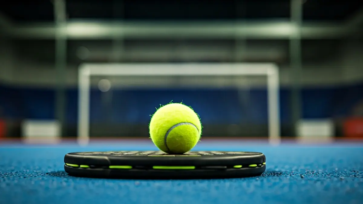 Imagen genérica de una pala y una pelota de pádel en una cancha