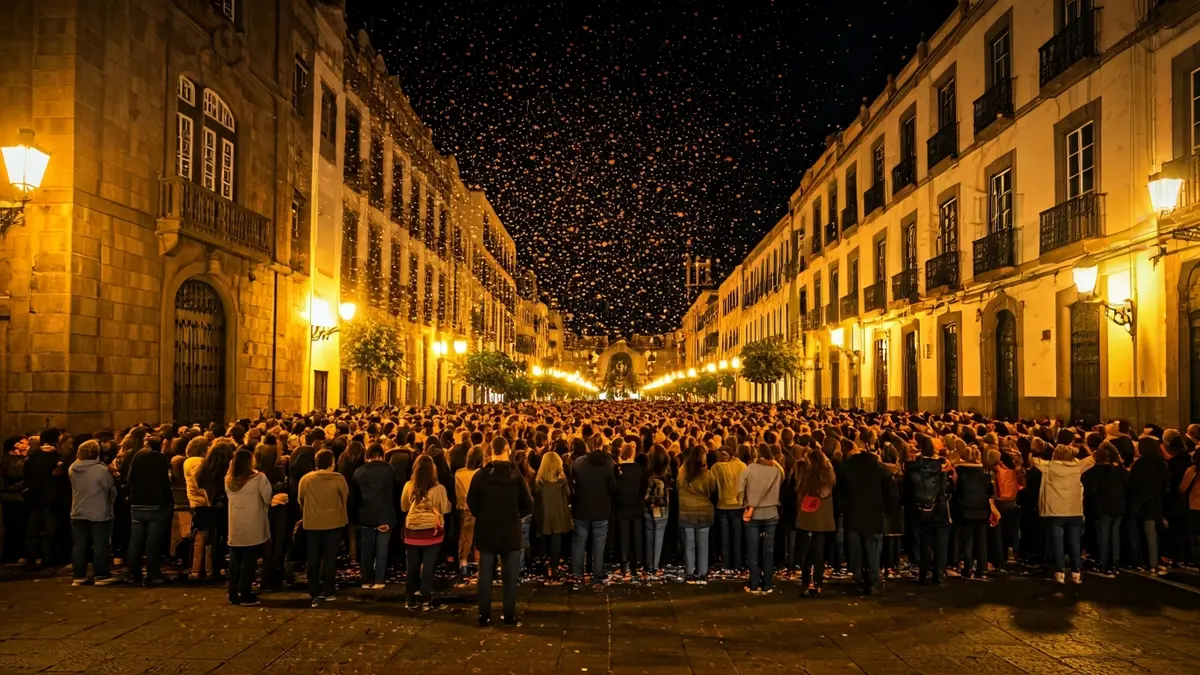 Imagen genérica de una multitud en una plaza, con confeti y luces de calle, sugiriendo un evento público.