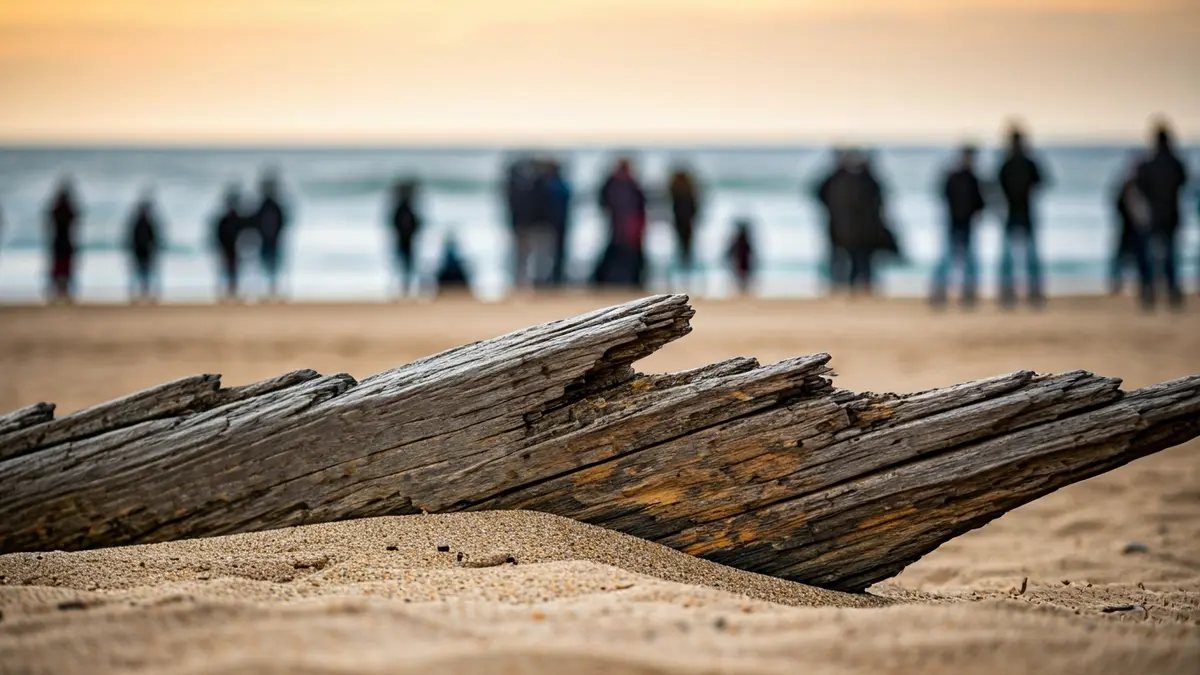 Fragmento de madera de un cayuco en la arena de una playa, con el mar de fondo.