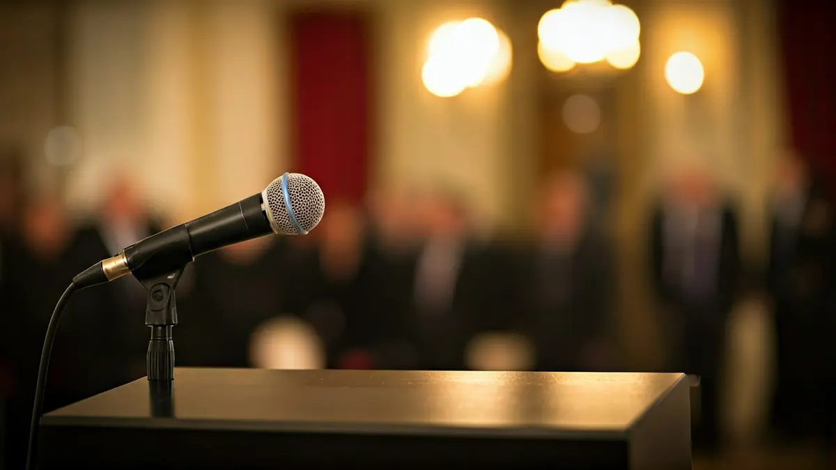 Generic image of a microphone on a podium during a press conference.