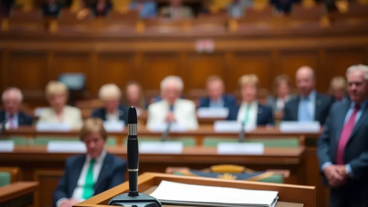Imagen genérica de un micrófono en un podio en una cámara legislativa.