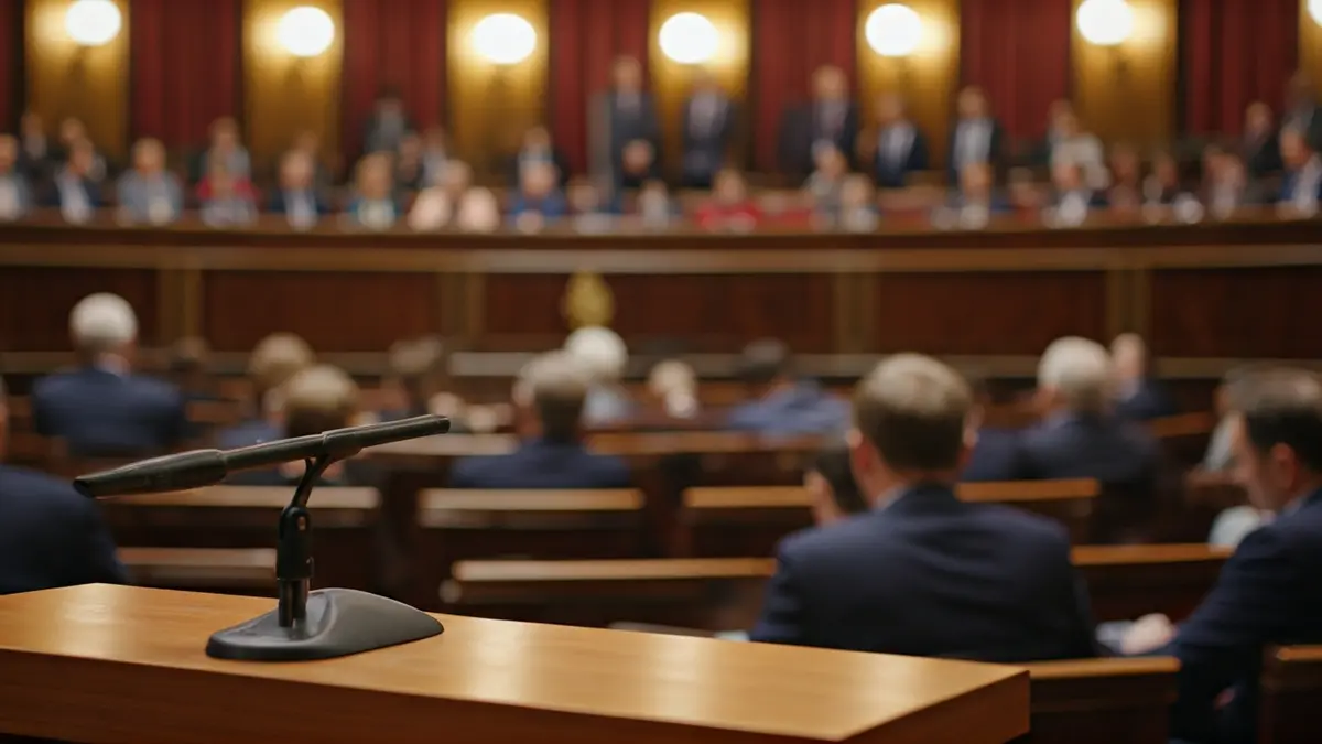 Imagen genérica de un micrófono en un podio durante una sesión parlamentaria.