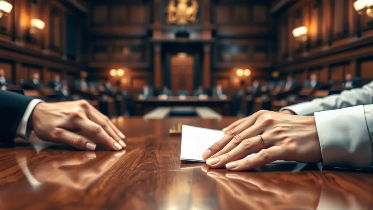 Generic image of hands signing a document in a parliamentary setting.