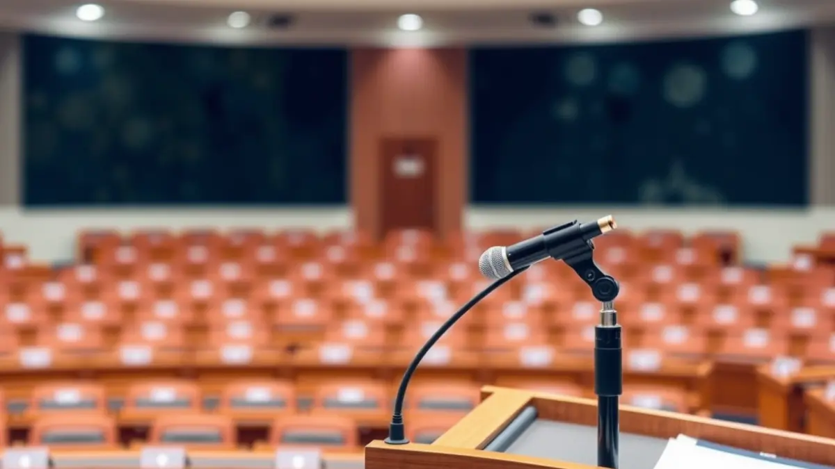 Imagen genérica de un atril con micrófono en un parlamento.