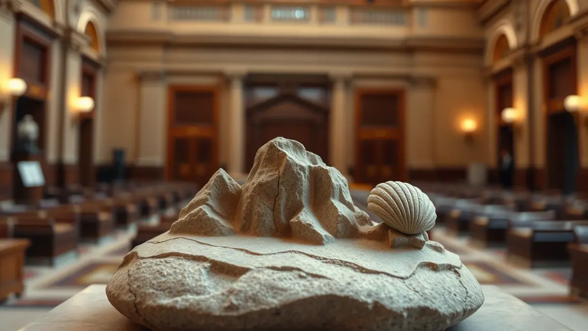 Sculpture of an island with marine elements in an institutional setting.