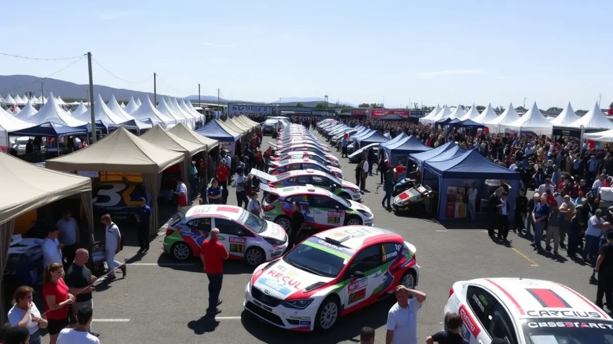 Vista general del parque de asistencia del Rally Islas Canarias, con coches de competición y público.