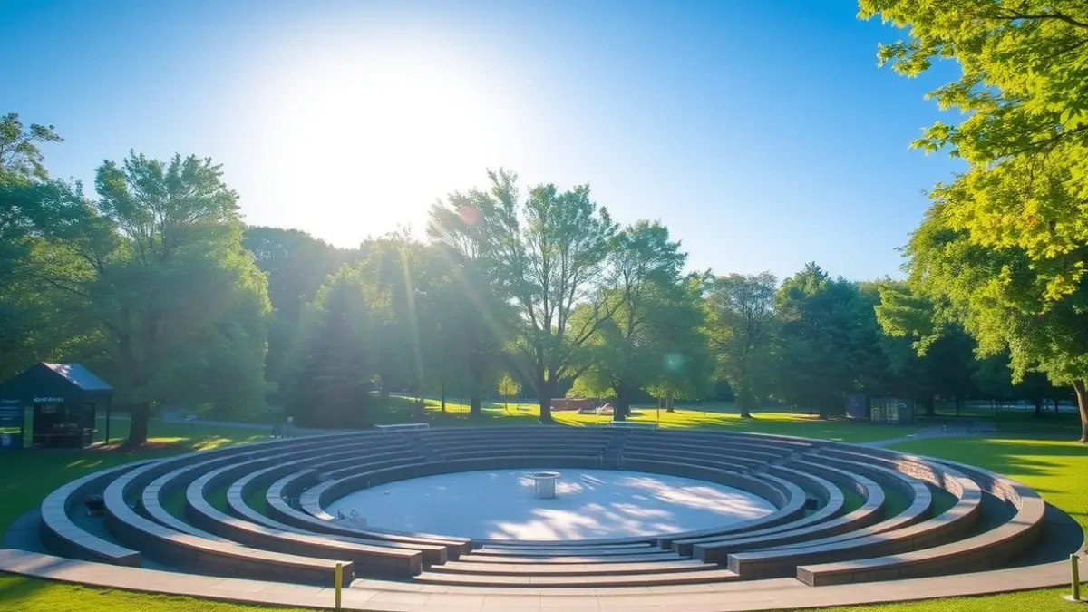 Generic image of an outdoor amphitheater in a park, with trees and blue sky.
