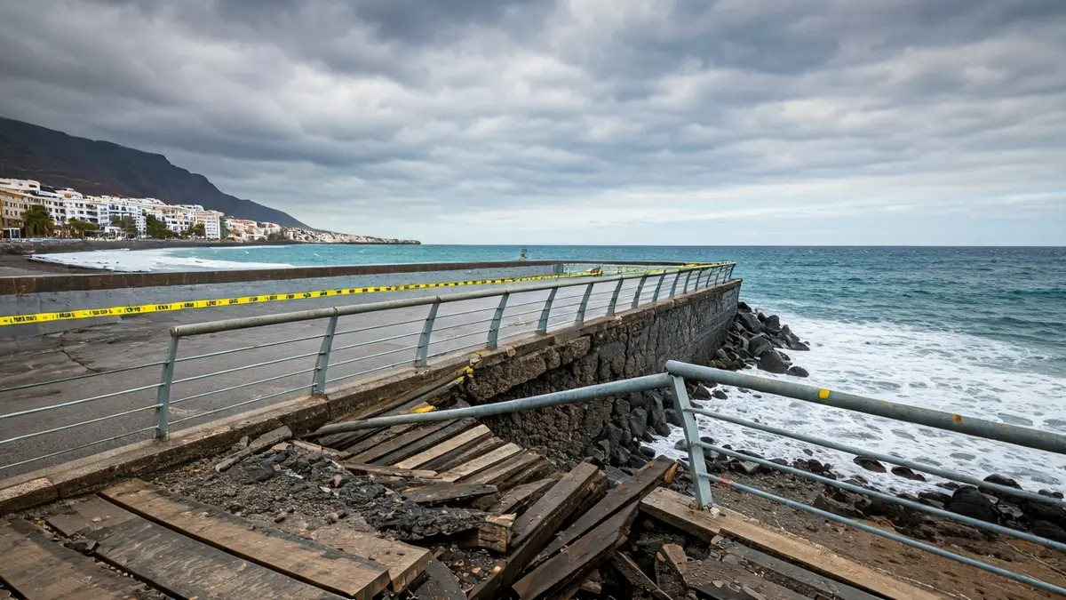 El Perchel promenade in San Bartolomé de Tirajana with storm damage, showing yellow caution tape.