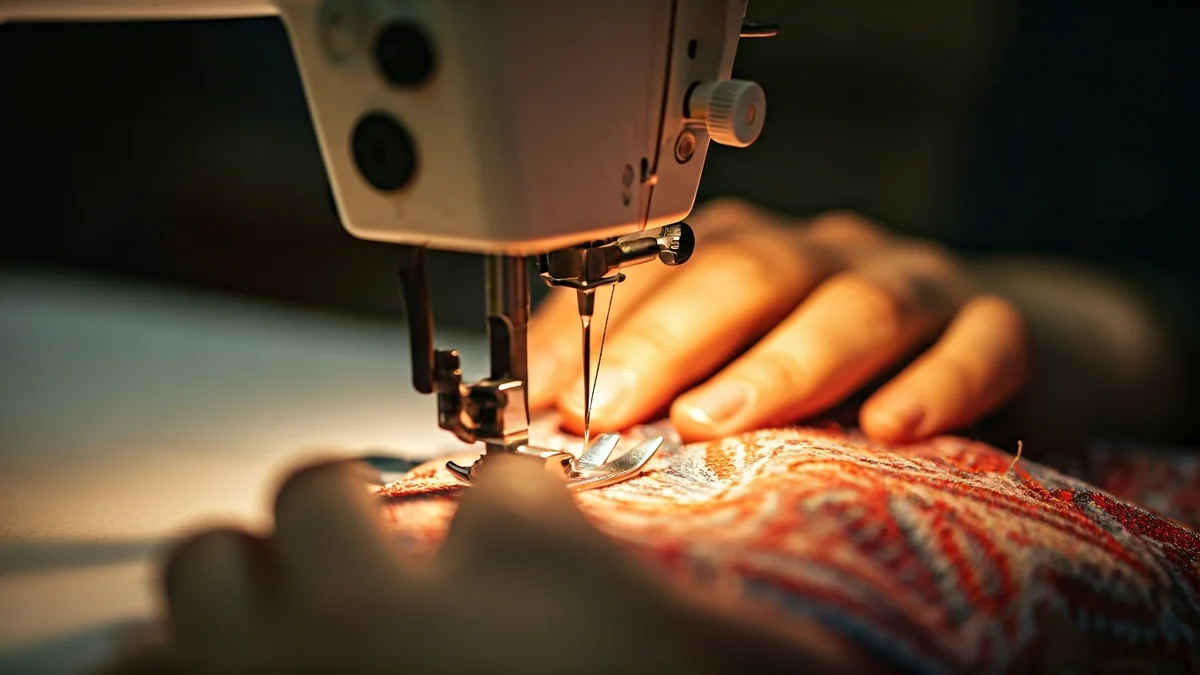 Imagen genérica de una máquina de coser trabajando en tela, con manos borrosas guiando el material.