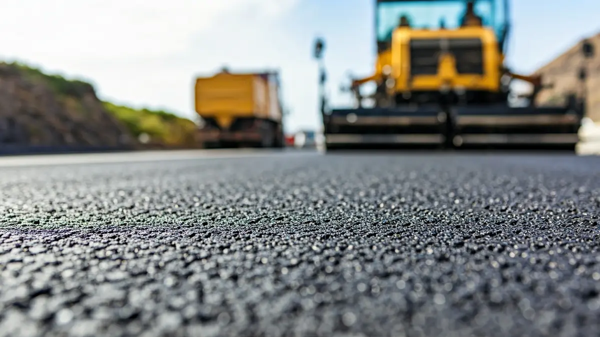 Imagen genérica de una carretera recién asfaltada con maquinaria de construcción al fondo.
