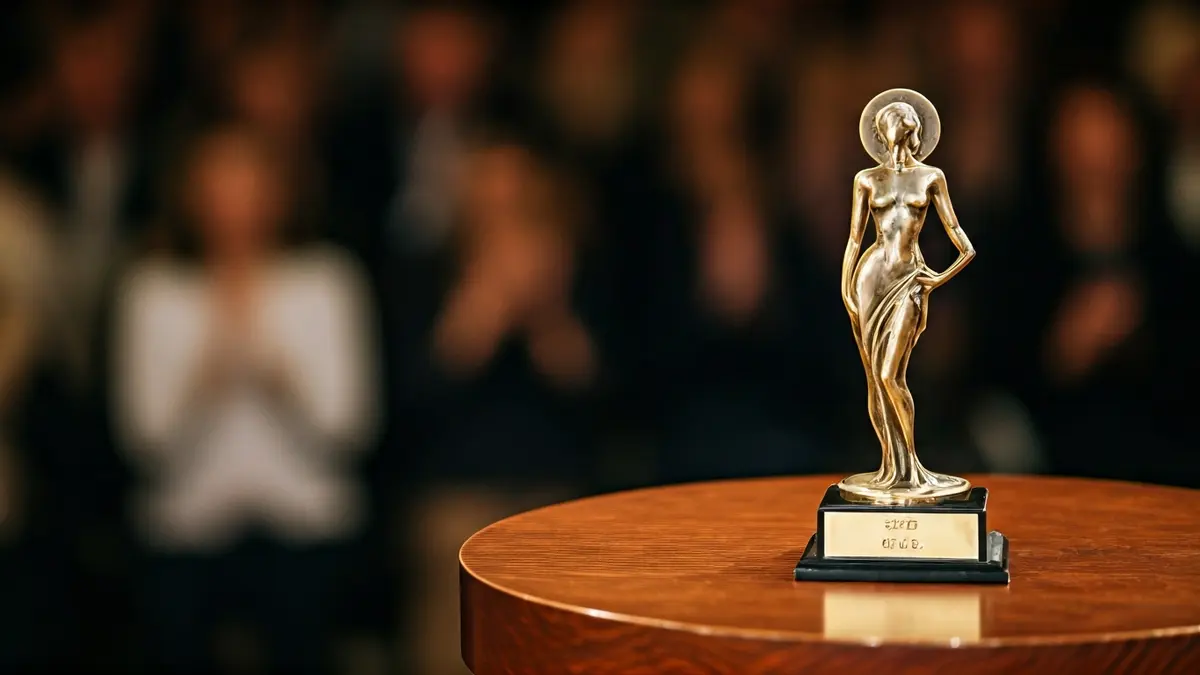 Generic image of an award trophy on a podium, with soft lighting and a celebratory atmosphere.