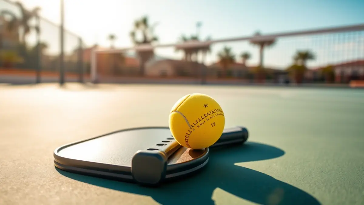 Imagen genérica de una pala y una pelota de pickleball en una cancha.