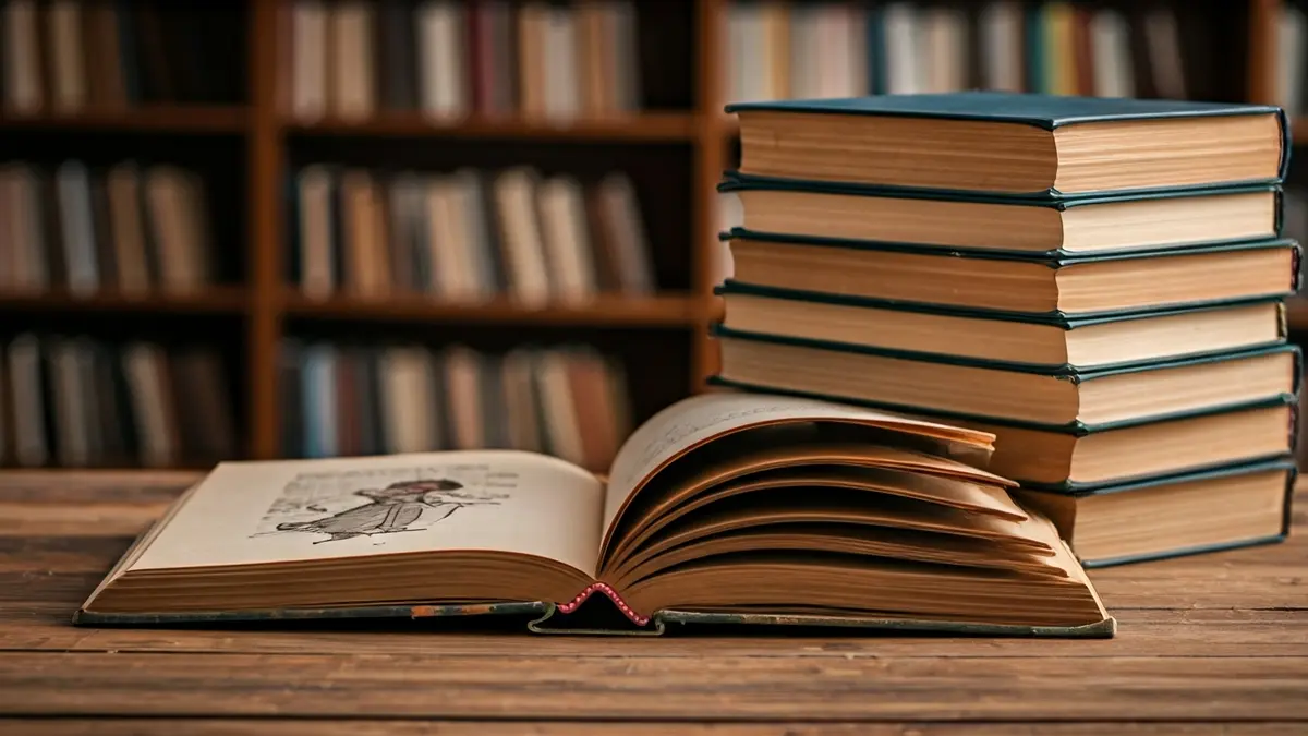 Imagen genérica de libros antiguos en una biblioteca, con uno abierto mostrando una ilustración de un títere.