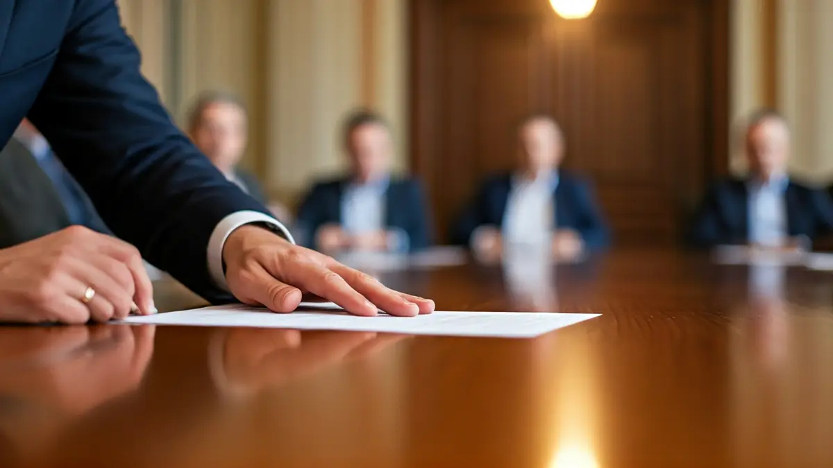 Generic image of hands signing a document on a conference table.