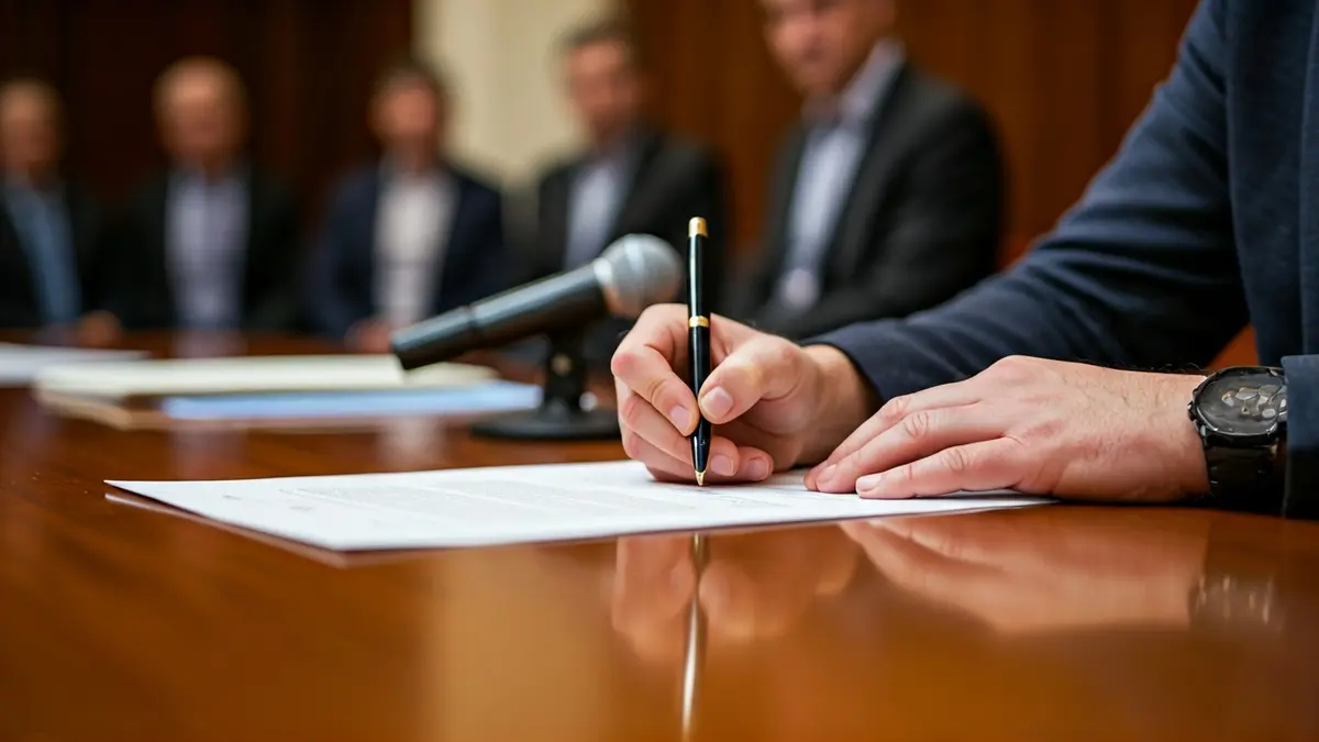 Imagen genérica de manos firmando un documento oficial en un entorno de oficina.