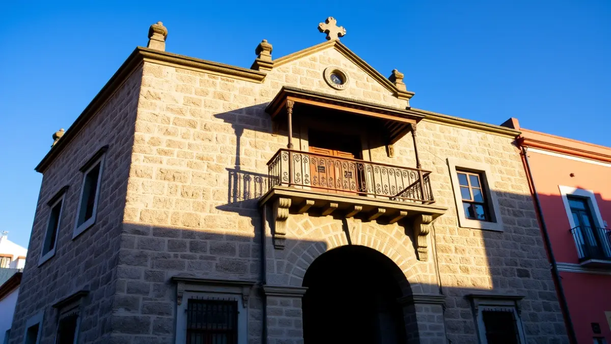 Facade of an institutional building in Canarias, with warm afternoon light.