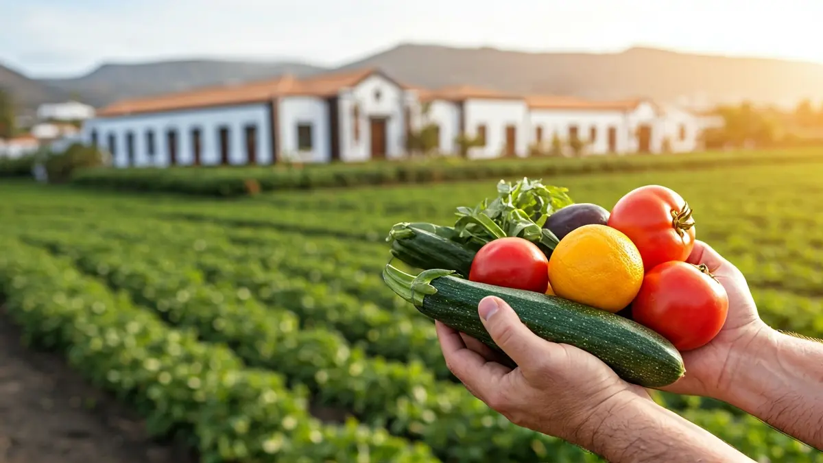 Imagen genérica de manos de agricultor sosteniendo productos frescos.