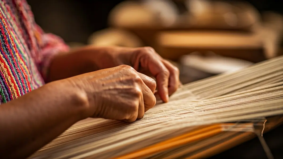 Imagen genérica de manos trabajando en artesanía tradicional, con herramientas desenfocadas.