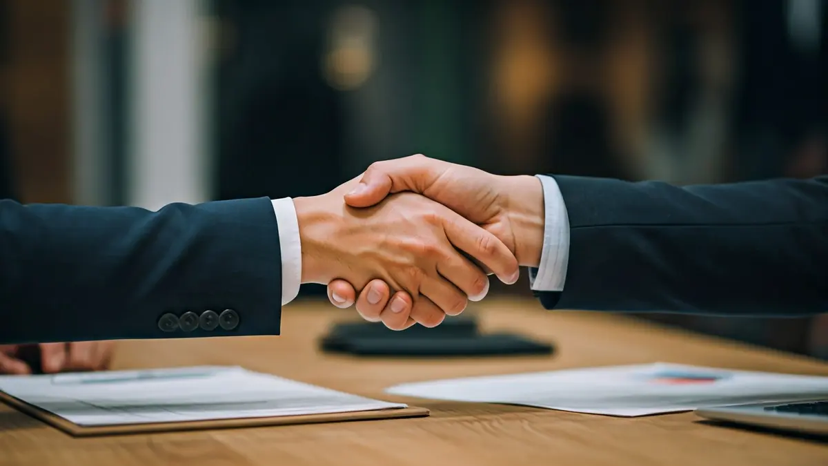Imagen genérica de dos manos estrechándose sobre un escritorio con documentos borrosos, simbolizando un acuerdo o negociación.
