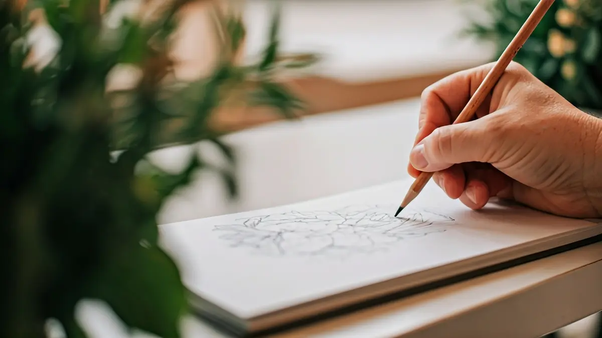Imagen genérica de una mano dibujando en un cuaderno, con materiales de arte y elementos naturales borrosos.