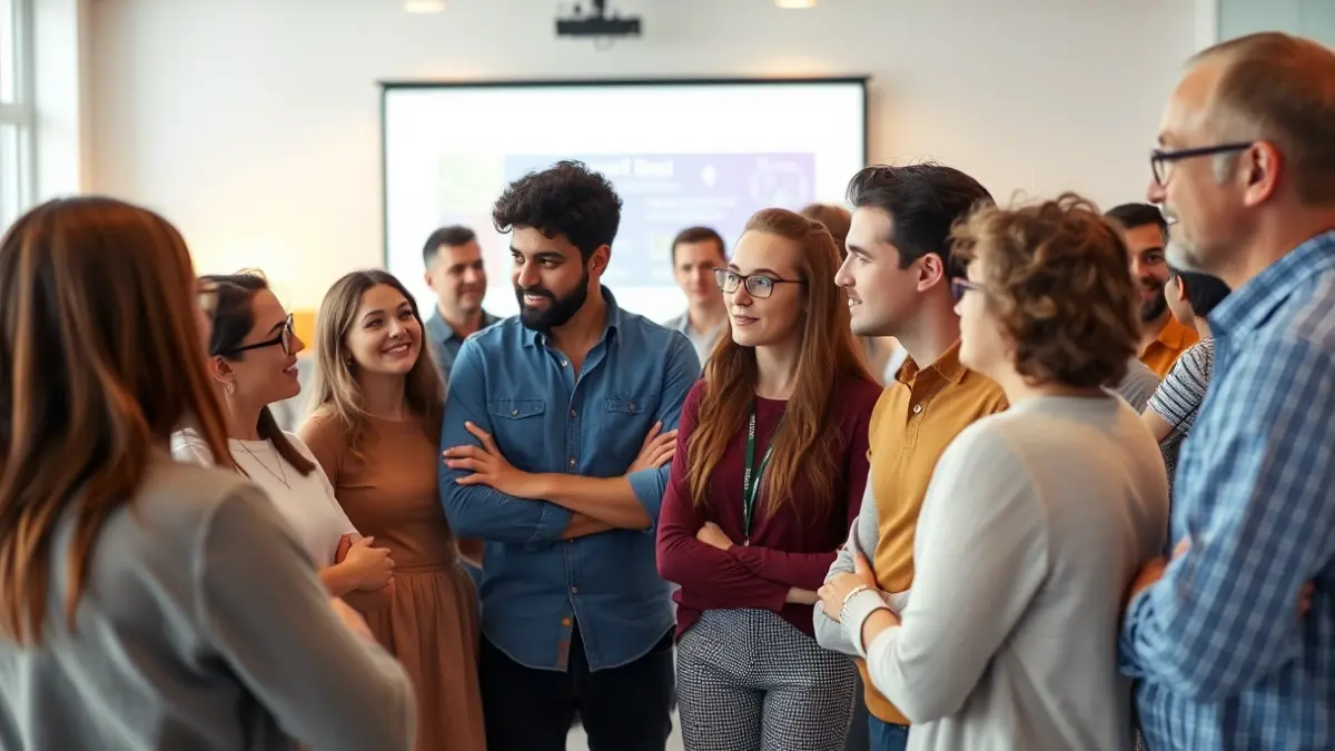 Imagen genérica de personas de diferentes generaciones conversando en un entorno profesional.