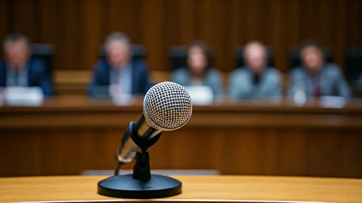 Imagen genérica de un micrófono en un atril en una sala de plenos municipal.