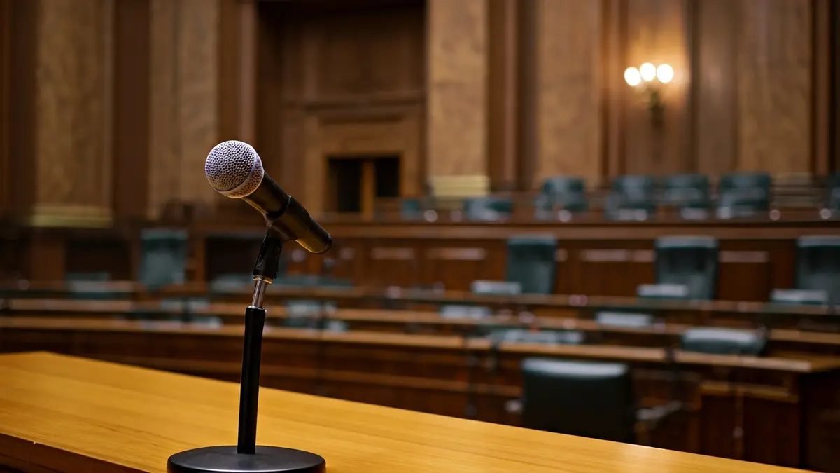 Imagen genérica de un micrófono en un podio en una sala de plenos, simbolizando un debate político.