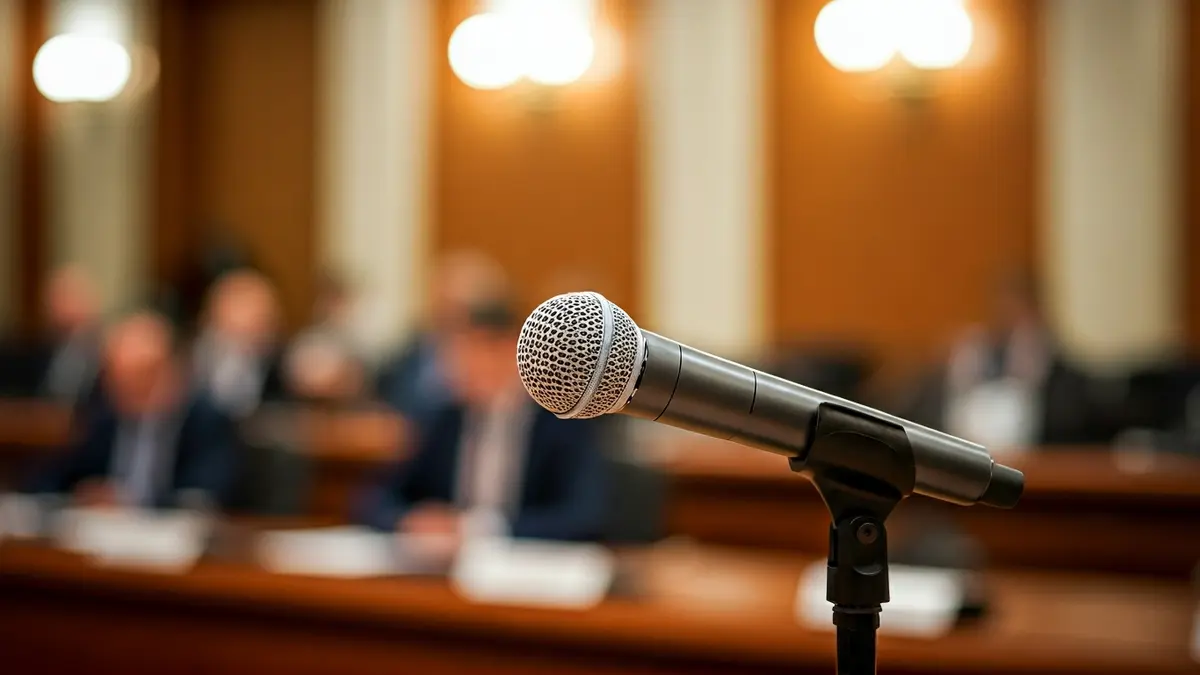 Generic image of a microphone on a podium during a political conference.