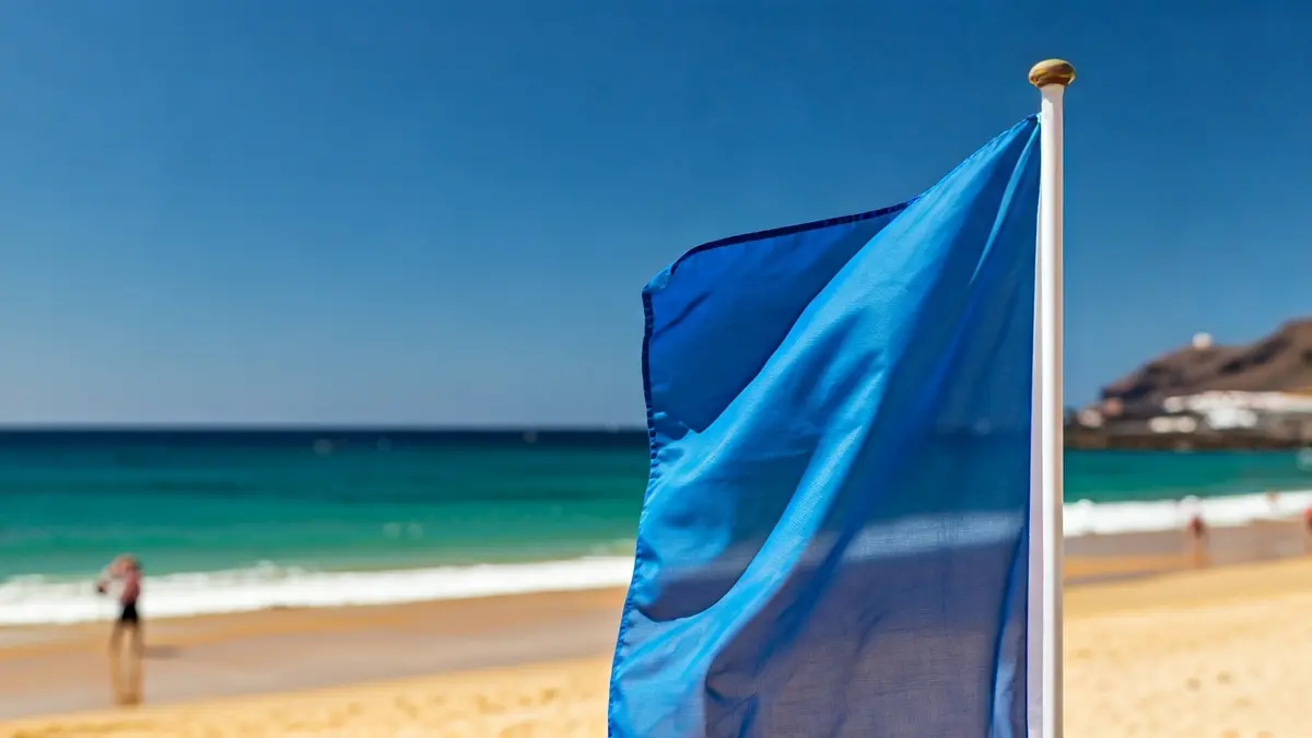 Generic image of a blue flag on a beach.