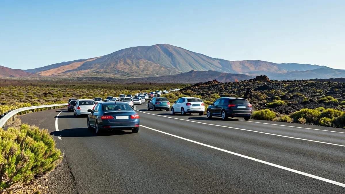 Image of a long queue of vehicles on a road through a volcanic landscape.