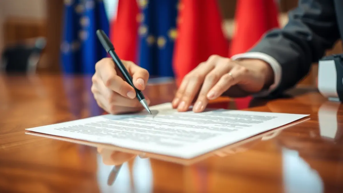 Imagen genérica de manos firmando un documento oficial, con banderas de la Unión Europea de fondo.