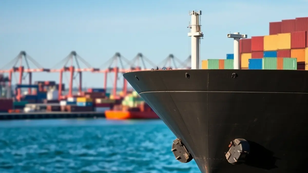 Imagen genérica de un puerto con un gran buque de carga y grúas.