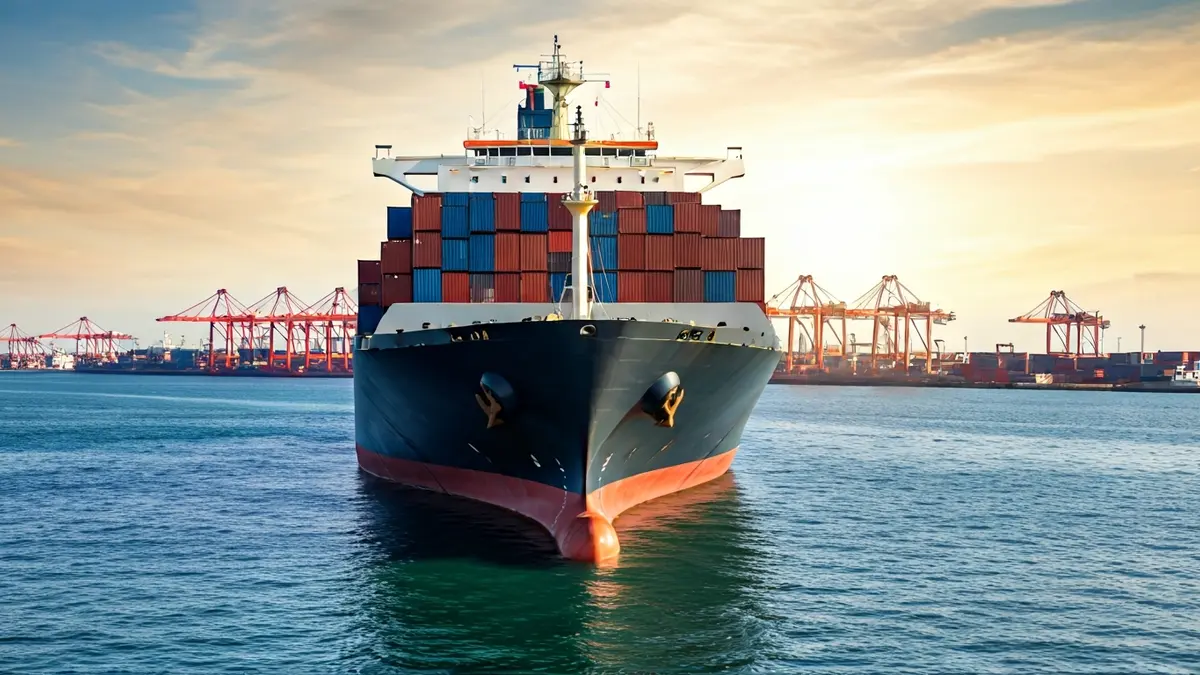 Imagen genérica de un barco de carga en un puerto, con contenedores y grúas al fondo.
