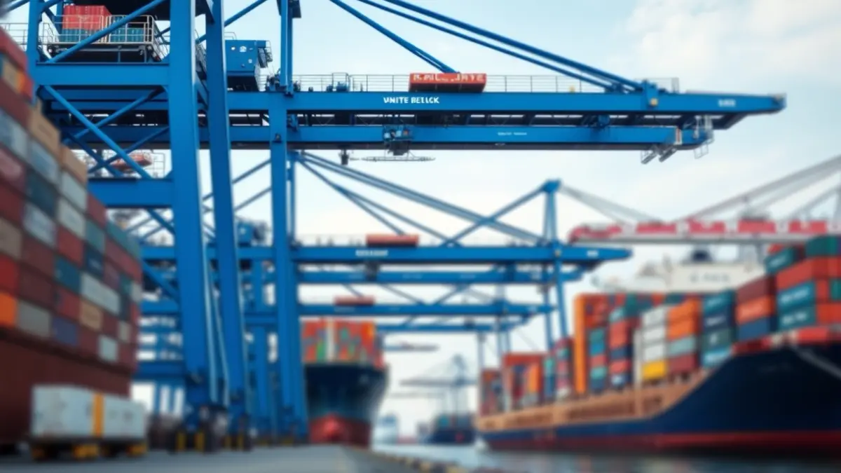 Imagen de grúas de gran tamaño siendo descargadas de un buque en un puerto.