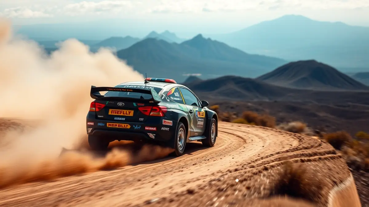 Imagen de un coche de rally en acción en un circuito de tierra, con el paisaje volcánico de las Islas Canarias de fondo.