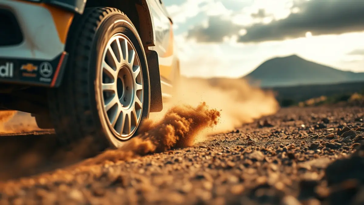 Image of a rally car in action on a dirt track.