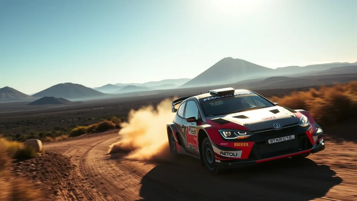 Image of a rally car in action in a volcanic landscape of Gran Canaria.