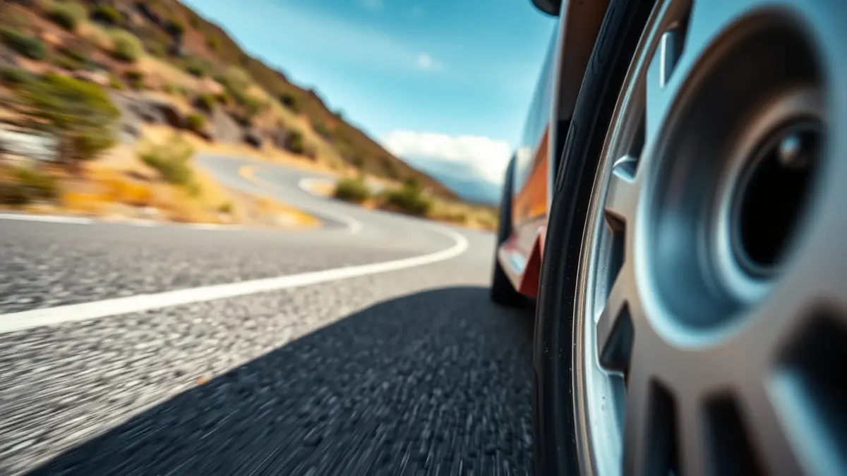 Neumático de coche de rally sobre asfalto en una carretera de Gran Canaria.