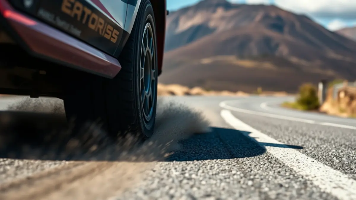 Neumático de coche de rally en acción en una carretera canaria.
