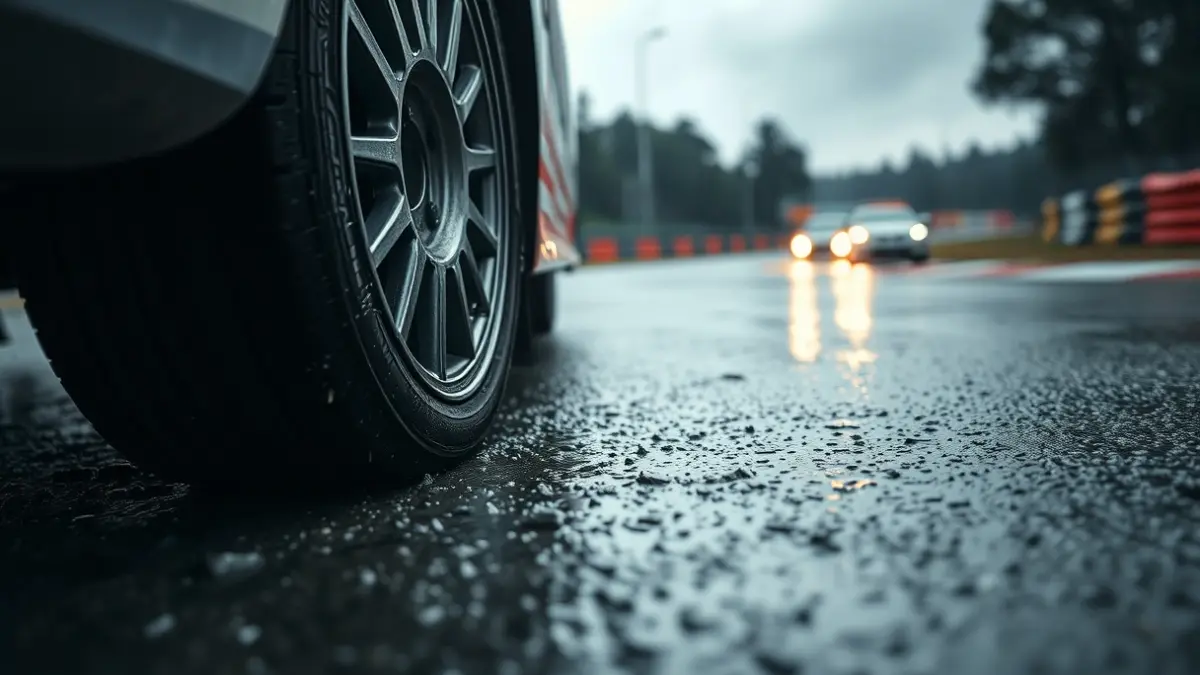 Rally car tire on wet asphalt, with light rain in the background.