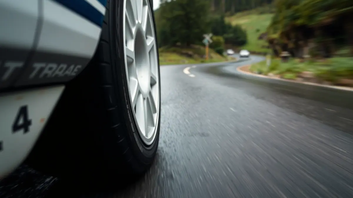 Rally car tire on wet asphalt road in Gran Canaria.