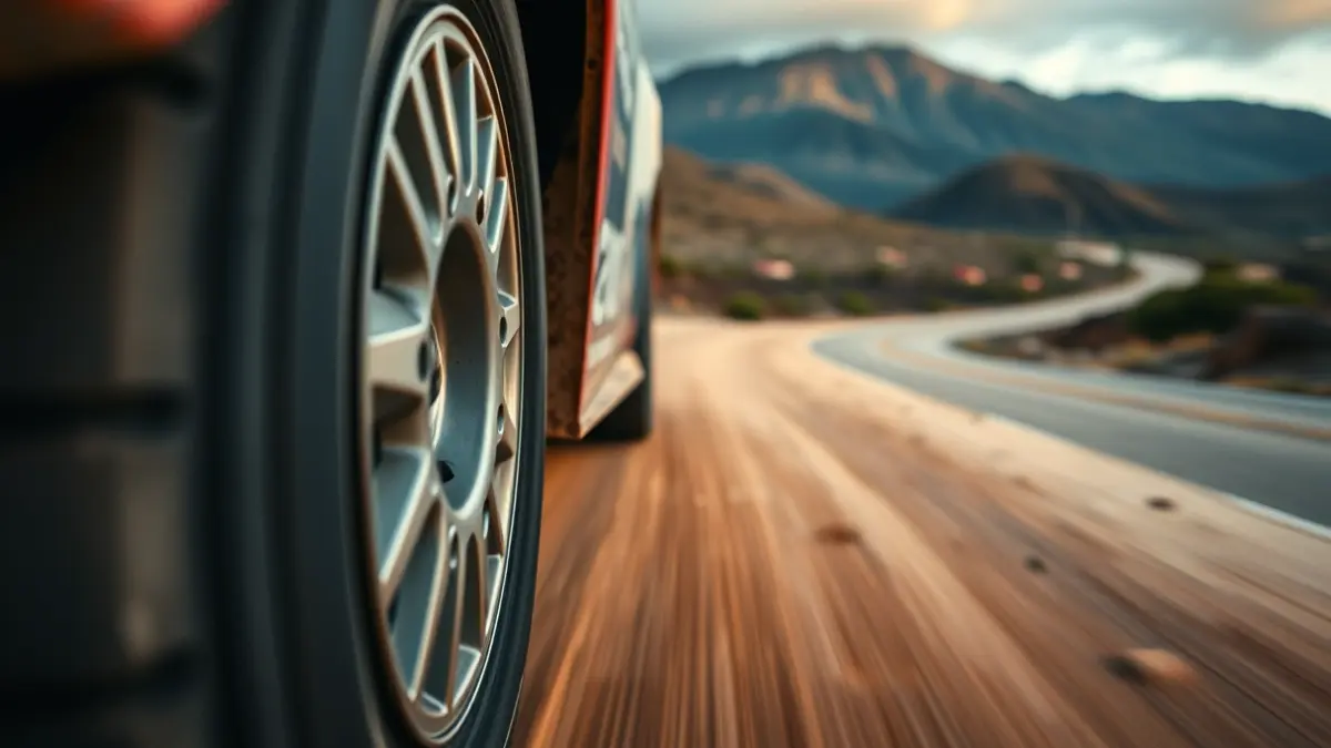 Imagen de un neumático de coche de rally en una pista de tierra, con el paisaje volcánico de las Islas Canarias de fondo.