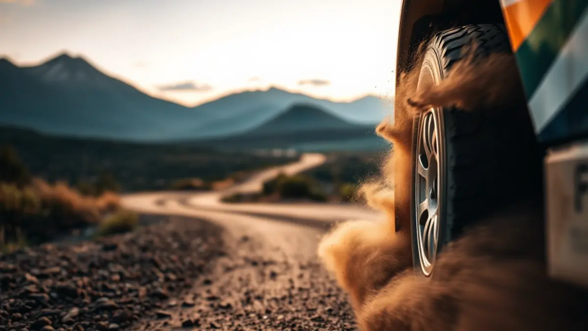Imagen de un neumático de coche de rally levantando polvo en una carretera de tierra en Gran Canaria.